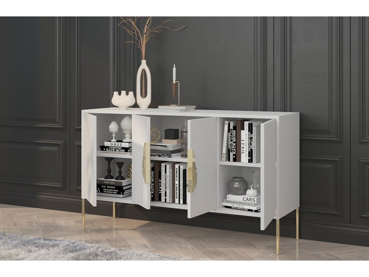 Biała komoda Skandica MERLIN ze złotymi dodatkami Szerokość 138 cm Płyta MDF Wysokość 79 cm Głębokość 40 cm Styl Minimalistyczny