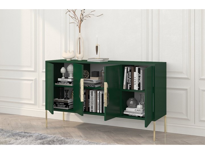 Zielona komoda Skandica MERLIN ze złotymi dodatkami Wysokość 79 cm Głębokość 40 cm Szerokość 138 cm Płyta MDF Styl Minimalistyczny