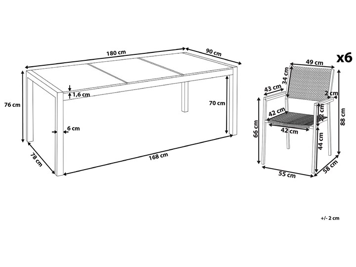 Zestaw mebli ogrodowych jadalniany czarny stół granit/bazalt 180 x 90 cm 6 krzeseł z technorattanu sztaplowanych Stal Stoły z krzesłami Kolor Szary