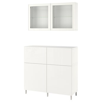 IKEA BESTÅ Kombinacja regałowa z drzw/szuf, Biały/Selsviken/Ösarp wysoki połysk biały szkło bezbarwne, 120x42x213 cm