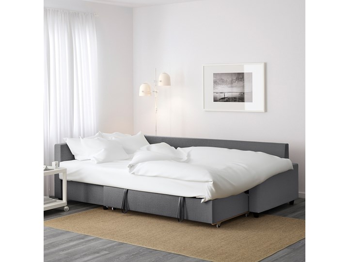 IKEA FRIHETEN Narożnik z funkcją spania, z dodatkowymi poduchami oparcia/Skiftebo ciemnoszary, Szerokość: 230 cm Lewostronne Nóżki Na nóżkach