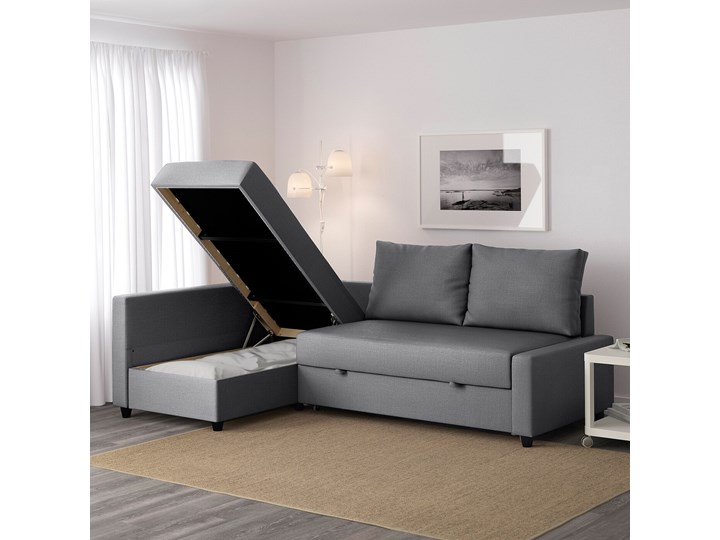 IKEA FRIHETEN Narożnik z funkcją spania, z dodatkowymi poduchami oparcia/Skiftebo ciemnoszary, Szerokość: 230 cm Liczba miejsc Dwuosobowy Lewostronne Nóżki Na nóżkach