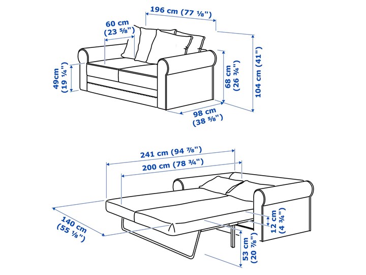 IKEA GRÖNLID Sofa 2-osobowa rozkładana, Sporda ciemnoszary, Wysokość łóżka: 53 cm Szerokość 196 cm Materiał obicia Tkanina Głębokość 98 cm Wielkość Dwuosobowa