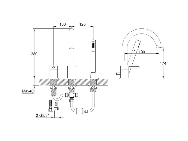 Kohlman Axel Black bateria wannowa 3-otworowa czarny mat QB241AB Kategoria Baterie łazienkowe