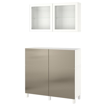 IKEA BESTÅ Kombinacja regałowa z drzw/szuf, Biały Riksviken/Stubbarp/imitacja jasny brąz szkło bezbarwne, 120x42x213 cm