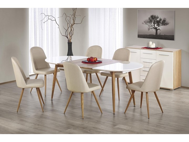 SELSEY Stół rozkładany Lerma 120-200x100 cm biały - dąb miodowy Długość 120 cm Szerokość 110 cm Drewno Wysokość 75 cm Długość 200 cm Płyta MDF Szerokość 79 cm Kształt blatu Owalny Stal Szerokość 120 cm Kolor Beżowy