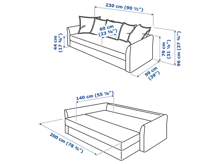 IKEA HOLMSUND Sofa trzyosobowa rozkładana, Nordvalla beżowy, Wysokość z poduchami oparcia: 96 cm Głębokość 99 cm Szerokość 230 cm Nóżki Bez nóżek Stała konstrukcja Funkcje Z pojemnikiem na pościel