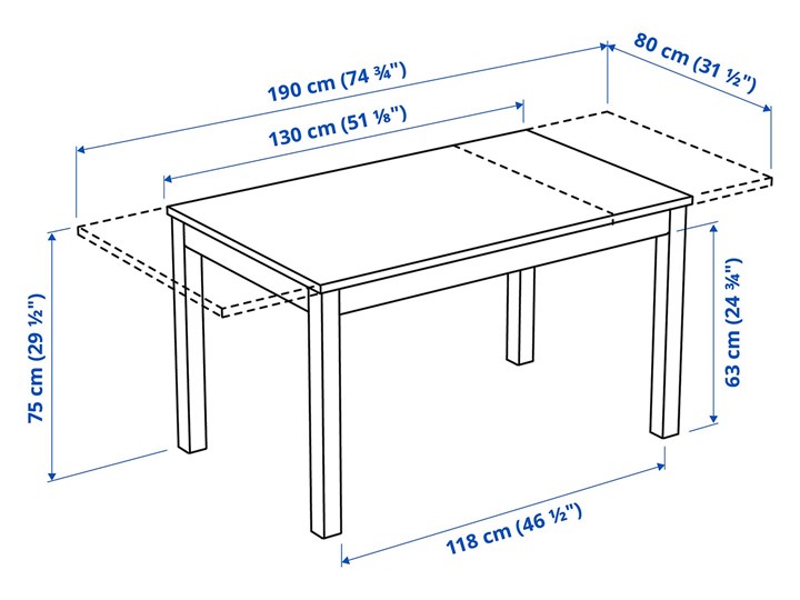 IKEA LANEBERG / EKEDALEN Stół i 4 krzesła, biały/biały jasnoszary, 130/190x80 cm Kategoria Stoły z krzesłami