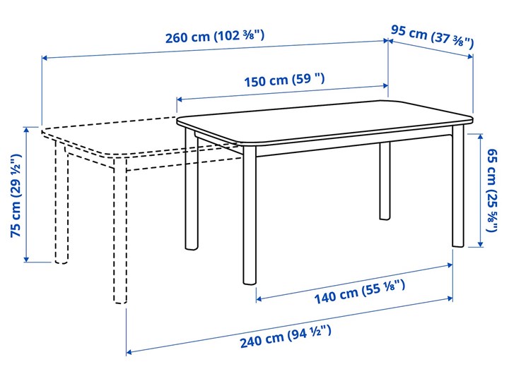 IKEA STRANDTORP / TOBIAS Stół i 4 krzesła, biały/przezroczysty, 150/205/260x95 cm Kategoria Stoły z krzesłami Pomieszczenie Jadalnia
