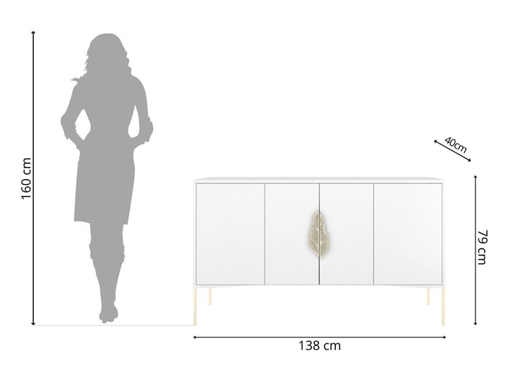 Biała komoda Skandica MERLIN ze złotymi dodatkami Płyta MDF Szerokość 138 cm Wysokość 79 cm Głębokość 40 cm Kolor Biały