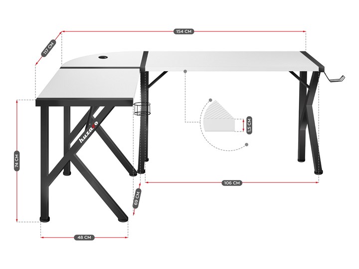 Biurko Gamingowe Huzaro Hero 6.3 White Biurko narożne Szerokość 154 cm Stal Głębokość 117 cm Kolor Biały