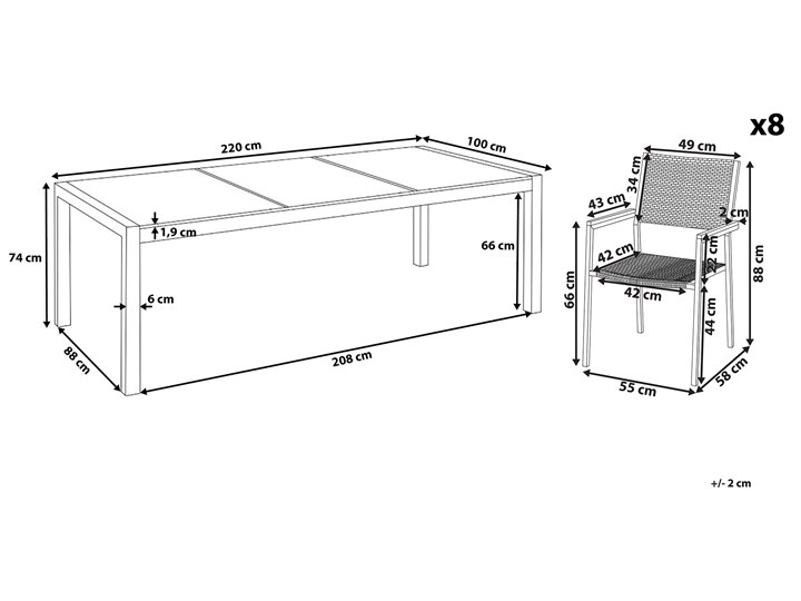 Beliani Zestaw ogrodowy stół z krzesłami blat szkło hartowane efekt tłuczonego szkła 220 x 100 cm 6 krzeseł czarnych z technorattanu sztaplowanych Stoły z krzesłami Stal Styl Nowoczesny