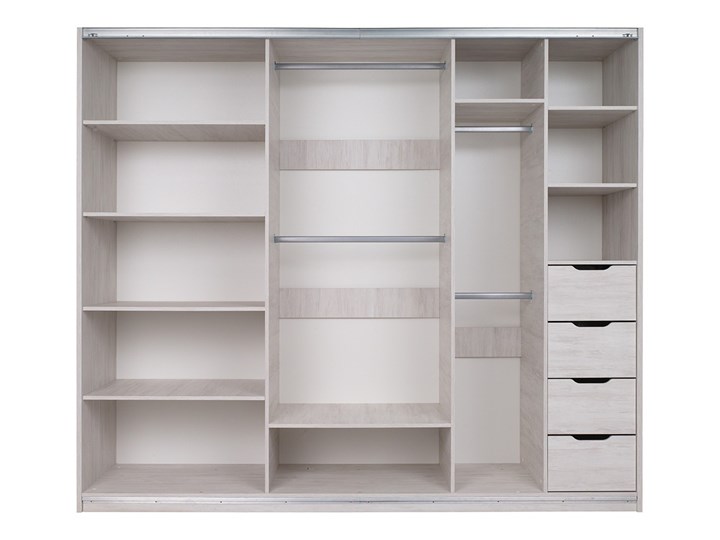 Szafa 250 D-13 DENVER z lustrem : Dodaj oświetlenie: - ---, Wybierz kolor - dąb biały + grafit połysk Metal Płyta laminowana Wysokość 215 cm Drewno Głębokość 69 cm Szerokość 250 cm Rodzaj drzwi Przesuwne