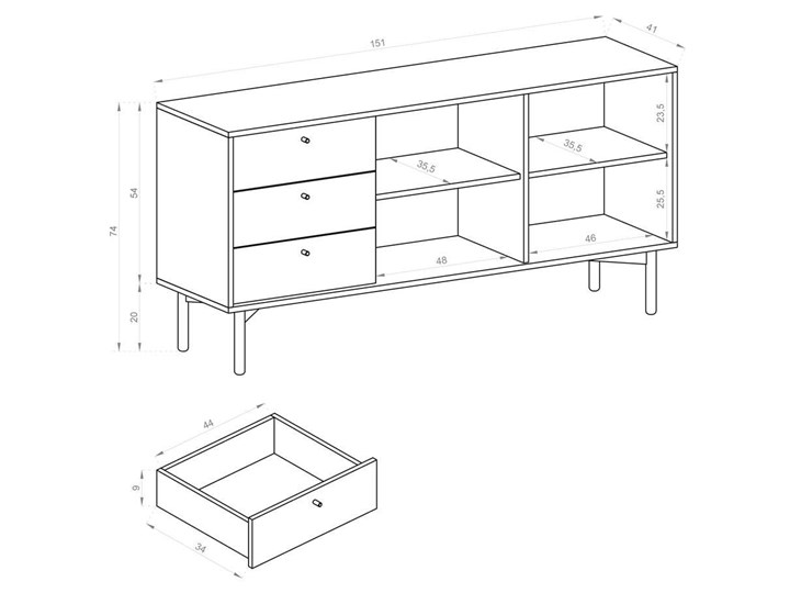 Nowoczesna komoda na metalowych nogach FLOW FK151 dąb/czarny 151X74CM Wysokość 74 cm Z szafkami i szufladami Styl Nowoczesny Szerokość 151 cm Drewno Pomieszczenie Salon