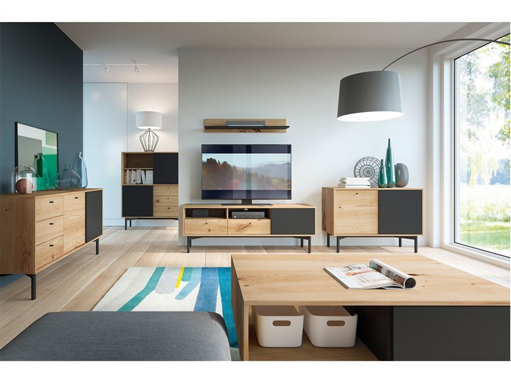 Nowoczesna komoda na metalowych nogach FLOW FK151 dąb/czarny 151X74CM Wysokość 74 cm Szerokość 151 cm Z szafkami i szufladami Drewno Styl Nowoczesny