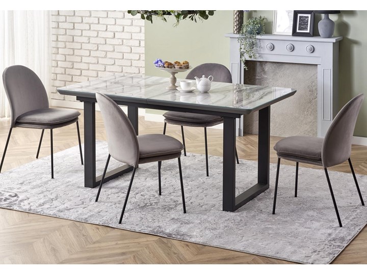 Rozkładany stół w stylu industrialnym Marley w optyce marmuru Długość 160 cm Płyta MDF Stal Wysokość 60 cm Szkło Szerokość 160 cm Szerokość 110 cm Długość 110 cm Długość 200 cm Metal Szerokość 90 cm Rozkładanie Rozkładane