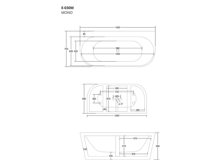 Wanna przyścienna wolnostojąca Corsan E030 Mono Wolnostojące Akryl Stal Długość 150 cm Kategoria Wanny
