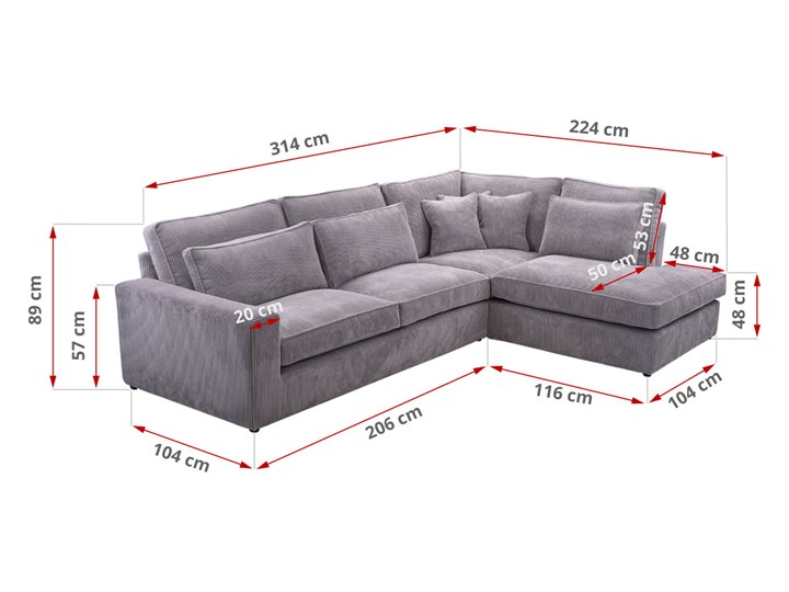 Nowoczesny narożnik nierozkładany z miękkimi poduszkami do salonu - CARDI Lewostronne Wysokość 89 cm Materiał obicia Tkanina Prawostronne Głębokość 224 cm Materiał obicia Welur