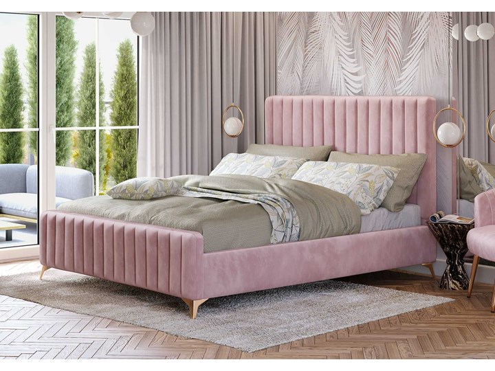 Łóżko 140x200 w stylu Glamour BELANIA (VFB-02) / Welur - Różowy Drewno Styl Nowoczesny Metal Rozmiar materaca 140x200 cm