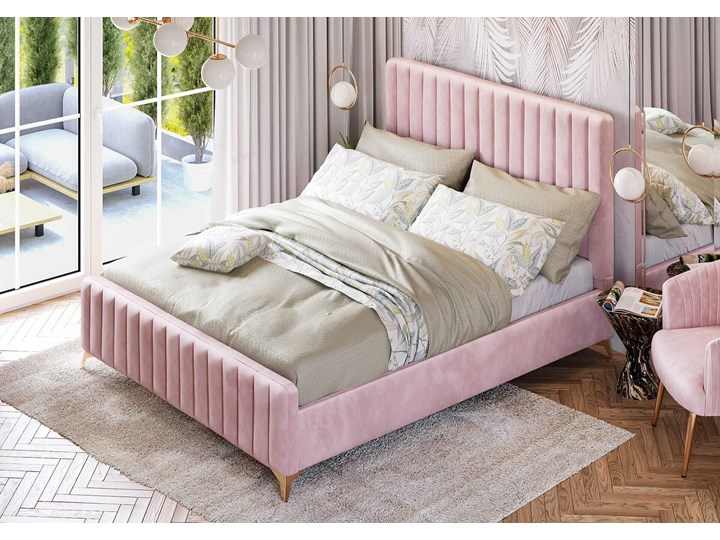 Łóżko 140x200 w stylu Glamour BELANIA (VFB-02) / Welur - Różowy Styl Nowoczesny Drewno Metal Rozmiar materaca 140x200 cm