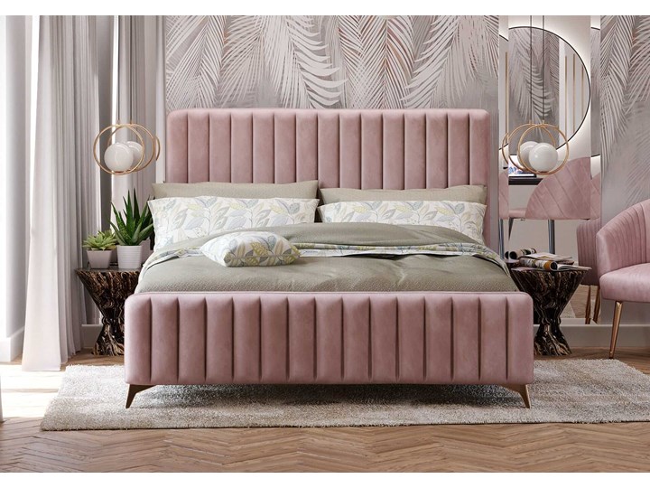 Łóżko 140x200 w stylu Glamour BELANIA (VFB-02) / Welur - Różowy Drewno Metal Styl Nowoczesny