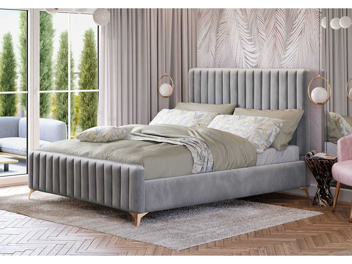 Łóżko 140x200 w stylu Glamour BELANIA (VFB-02) / Welur - Szary Metal Tkanina Rozmiar materaca 140x200 cm Drewno Kategoria Łóżka do sypialni