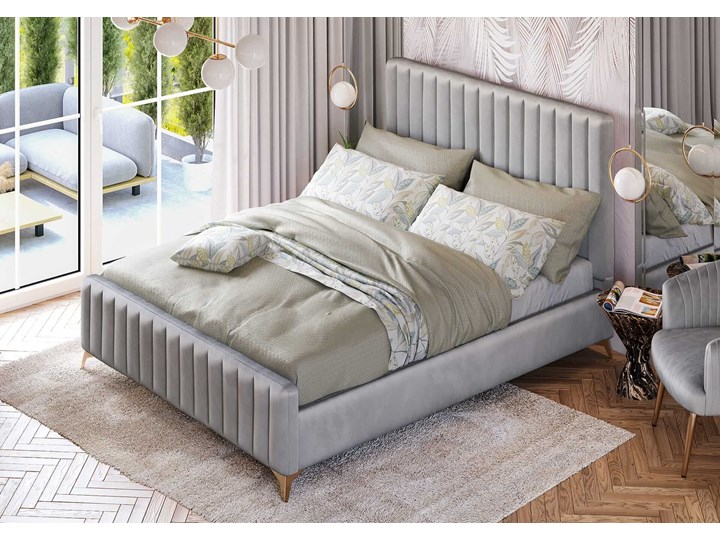 Łóżko 140x200 w stylu Glamour BELANIA (VFB-02) / Welur - Szary Metal Tkanina Rozmiar materaca 140x200 cm Drewno Kategoria Łóżka do sypialni