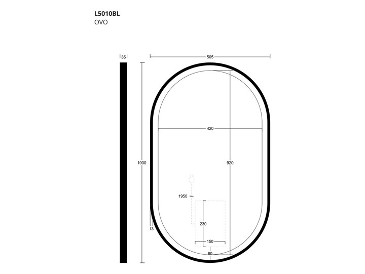 Lustro LED 505x1000 mm Corsan L5010BL z włącznikiem dotykowym i wykończeniem czarnym Owalne Styl Nowoczesny