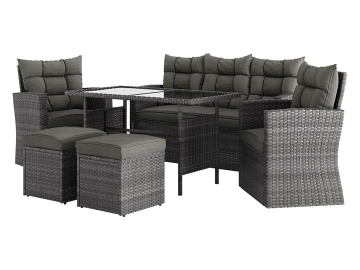 MEBLE OGRODOWE DLA 7 OSÓB RATTAN 1090 POPIEL Zestawy obiadowe Zawartość zestawu Puf Zestawy wypoczynkowe Zawartość zestawu Sofa
