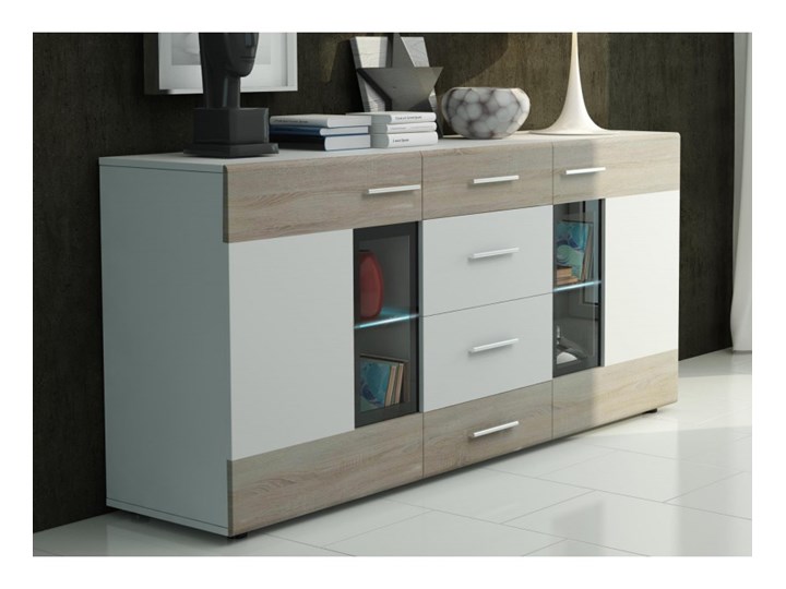 Komoda z Witryną 2 Szafy 4 Szuflady Tango LED Biały/Sonoma Szerokość 105 cm Szkło Głębokość 40 cm Szerokość 169 cm Z witrynami Kategoria Komody Wysokość 55 cm Wysokość 79 cm Styl Nowoczesny