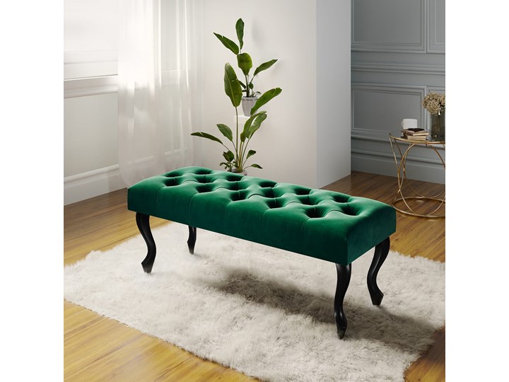 Ławka pikowana Chesterfield - Złota Butelkowa Zieleń Materiał nóżek Drewno