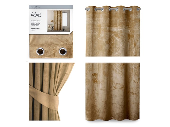 Musztardowa zasłona z aksamitną powierzchnią AmeliaHome Velvet, 140x245 cm Poliester Bawełna Mocowanie Kółka Typ Zasłony gotowe