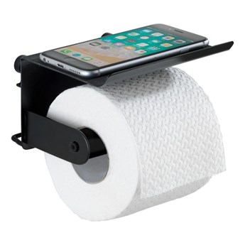 Czarny ścienny uchwyt na papier toaletowy z podkładką na telefon komórkowy Wenko Classic Plus