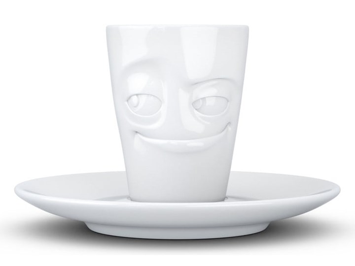 Biała uśmiechnięta porcelanowa filiżanka do espresso ze spodkiem 58products, 80 ml