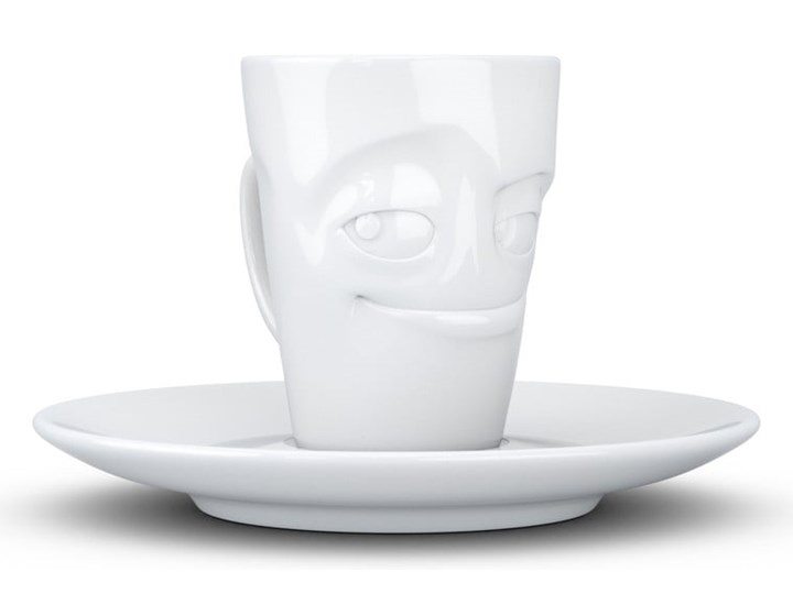 Biała uśmiechnięta porcelanowa filiżanka do espresso ze spodkiem 58products, 80 ml
