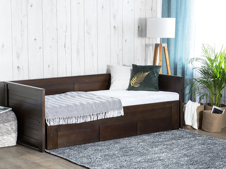 Łóżko brązowe drewniane 90/180 x 200 cm ze stelażem wysuwane dodatkowe łóżko 3 szuflady skandynawskie Drewno Rozmiar materaca 180x200 cm Rozmiar materaca 90x200 cm
