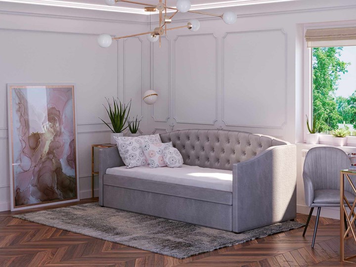 Łóżko tapicerowane rozkładane 90X200 D031 szary welur Płyta MDF Tkanina Drewno Rozmiar materaca 90x195 cm