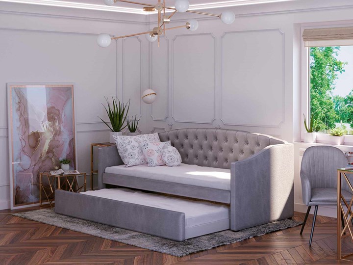 Łóżko tapicerowane rozkładane 90X200 D031 szary welur Drewno Płyta MDF Tkanina Rozmiar materaca 90x195 cm Rozmiar materaca 100x210 cm