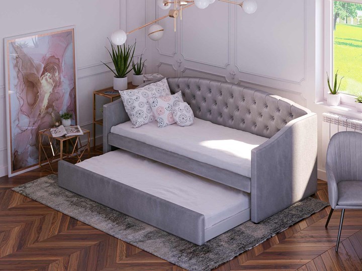 Łóżko tapicerowane rozkładane 90X200 D031 szary welur Tkanina Płyta MDF Rozmiar materaca 90x195 cm Drewno Rozmiar materaca 90x200 cm