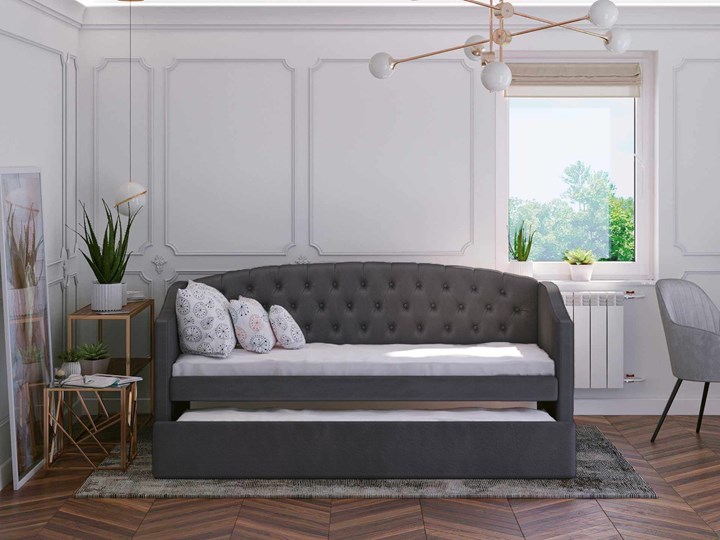 Łóżko tapicerowane rozkładane 90X200 D031 ciemno szary welur Rozmiar materaca 100x210 cm Drewno Tkanina Płyta MDF Rozmiar materaca 90x195 cm