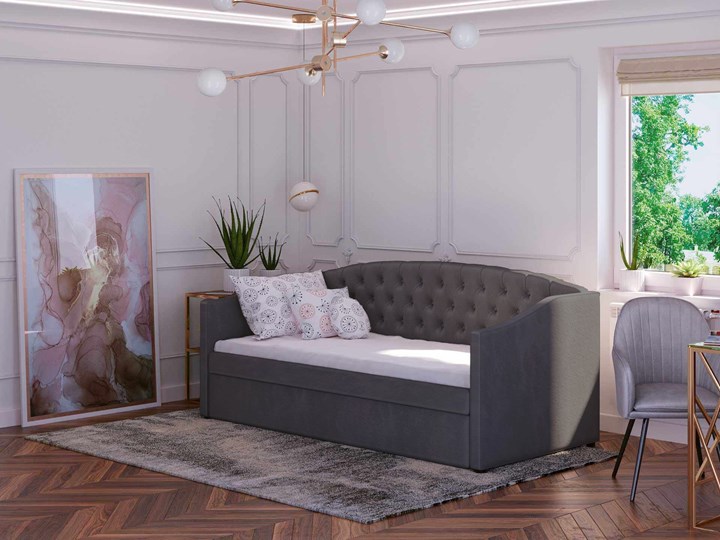 Łóżko tapicerowane rozkładane 90X200 D031 ciemno szary welur Drewno Płyta MDF Tkanina Rozmiar materaca 100x210 cm Rozmiar materaca 90x195 cm