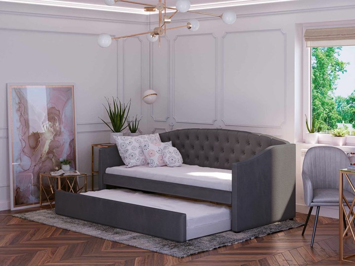 Łóżko tapicerowane rozkładane 90X200 D031 ciemno szary welur Tkanina Płyta MDF Drewno Rozmiar materaca 100x210 cm Rozmiar materaca 90x200 cm