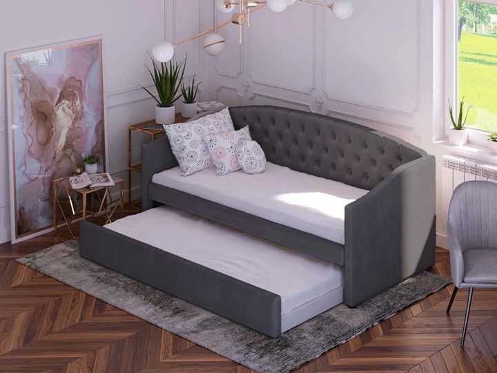 Łóżko tapicerowane rozkładane 90X200 D031 ciemno szary welur Tkanina Drewno Płyta MDF Rozmiar materaca 90x200 cm