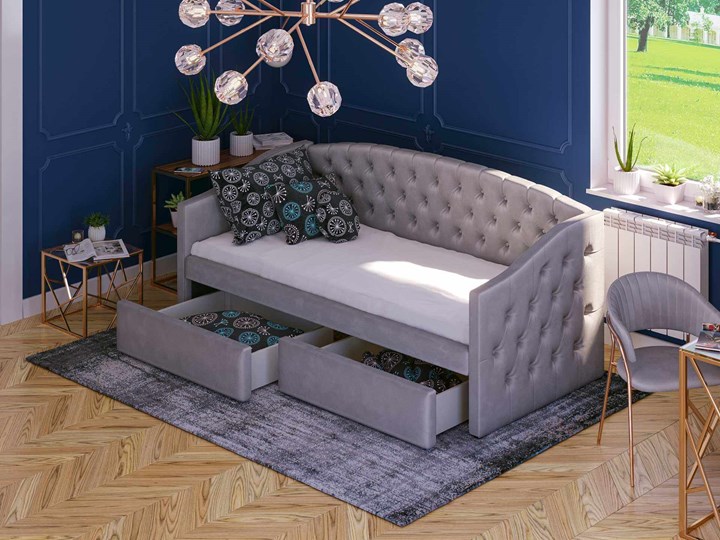 Łóżko tapicerowane rozkładane 90X200 D032 szary welur Płyta MDF Drewno Tkanina Rozmiar materaca 100x210 cm