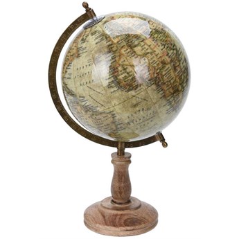 GLOBUS dekoracyjny globus beżowy z mosiężną podpórką i podstawką z drewna mango, wys. 38 cm