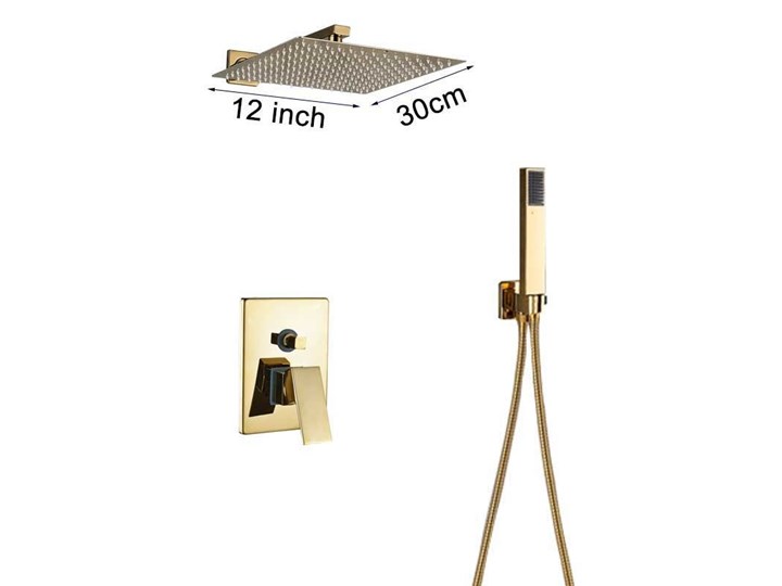 Złoty zestaw prysznicowy podtynkowy wannowy 30x30cm Wyposażenie Z baterią Wyposażenie Z deszczownicą