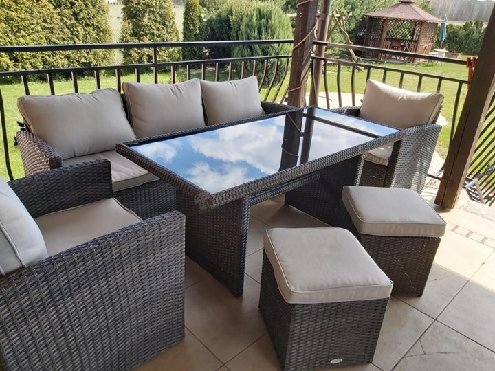 Meblobranie Zestaw technorattanowy obiadowy z pufami Stelvio Caffe Zestawy kawowe Stal Zestawy wypoczynkowe Zestawy obiadowe Kolor Brązowy