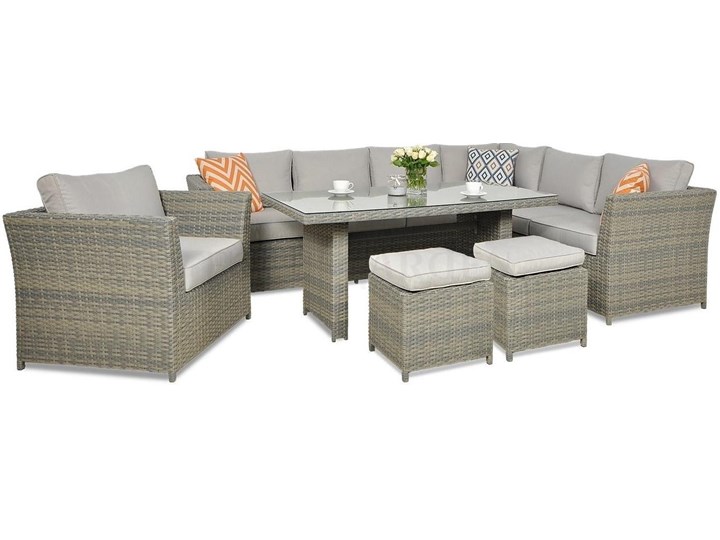 Duży technorattanowy narożnik ogrodowy Meblobranie z fotelem i pufami Moniz Dining Plus Zestawy obiadowe Zestawy wypoczynkowe Zestawy modułowe Zawartość zestawu Sofa Aluminium Kategoria Zestawy mebli ogrodowych