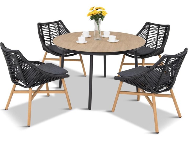 Komplet mebli Meblobranie z okrągłym stołem technorattan Almera Dining Black Stoły z krzesłami Zestawy obiadowe Zawartość zestawu Krzesła Aluminium Styl Nowoczesny