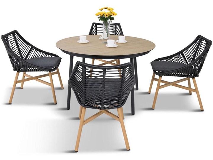 Komplet mebli Meblobranie z okrągłym stołem technorattan Almera Dining Black Stoły z krzesłami Kolor Beżowy Aluminium Zestawy obiadowe Zawartość zestawu Krzesła